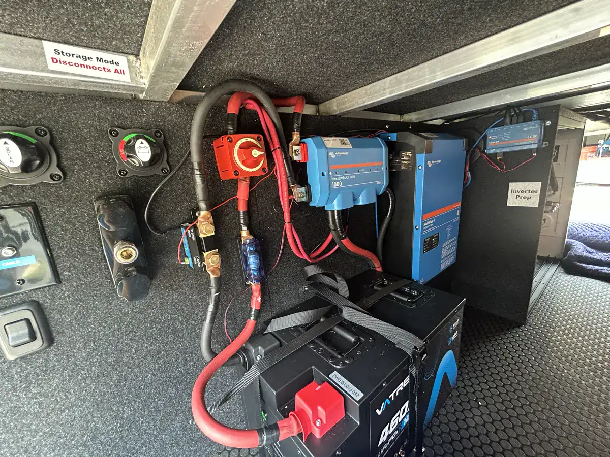 Finished RV power install — inverter, battery distribution, and house battery strapped in place.